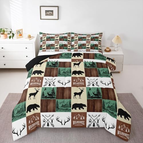 Hunting Bear Deer Bedding Set, Farmhouse Lodge Cabin Comforter Set Full Size for Kids Boys Teens Bedroom Decor, Rustic Woodland Moose Duvet Insert Western Country Patchwork Quilt with 2 Pillow Cases