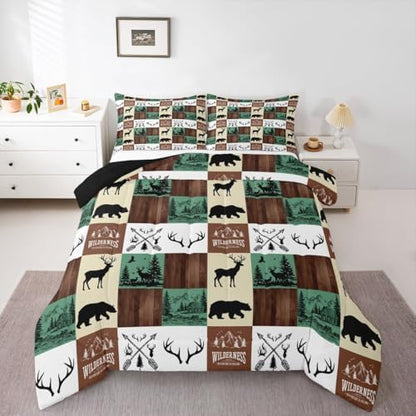 Hunting Bear Deer Bedding Set, Farmhouse Lodge Cabin Comforter Set Full Size for Kids Boys Teens Bedroom Decor, Rustic Woodland Moose Duvet Insert Western Country Patchwork Quilt with 2 Pillow Cases