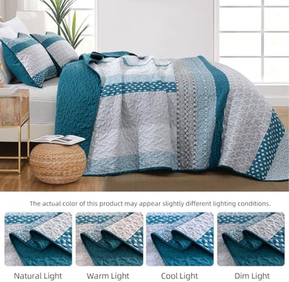 WONGS BEDDING Teal Blue Queen Size Quilt Set, Boho Striped Bedspread