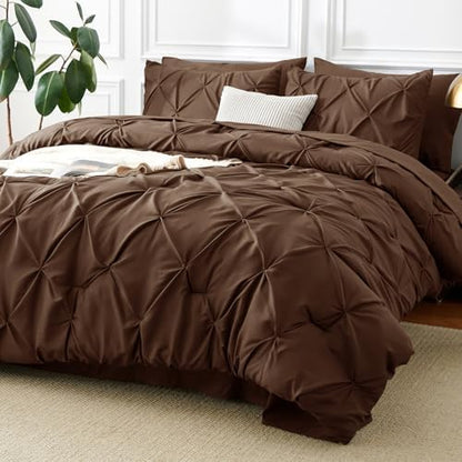 CozyLux Full Size Comforter Sets Brown, 7 Pieces Pintuck Bed in a Bag