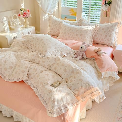 Vintage Floral Duvet Cover Set Full, Chic Coquette Flower Botanical Bedding Set with Ruffle Lace, French Style 100% Cotton Cottagecore Duvet Cover, Aesthetic Flower Princess Lace Bedding Set Full