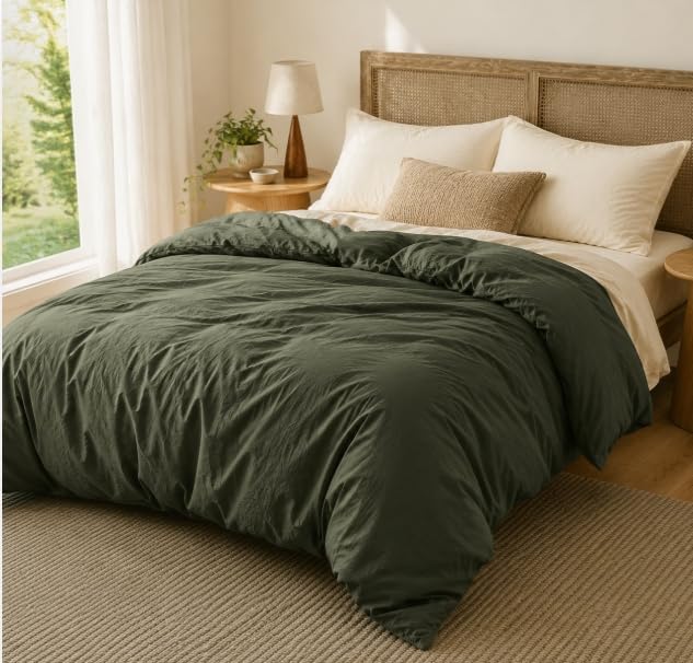 Bedsure Prewashed Duvet Cover Only, Cotton-Like Feel, Olive Green, Queen