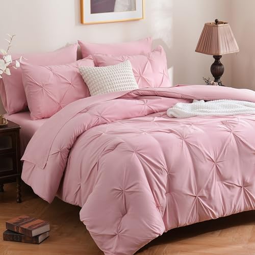DOWNCOOL Queen Comforter Set, 7 Pieces Pink Pintuck Bed in a Bag