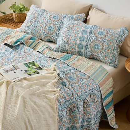 Qucover Boho Quilts King Size Bedding Set, Teal Blue