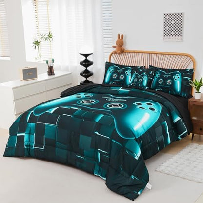 PERFEMET 6-Piece Boys Gamer Comforter Set Full Size Teal Blue Video Game Controller Bedding Comforter Set with Sheets Lightweight 3D Black Gaming Pattern Bed in a Bag for Kids Teen(Teal, Full)