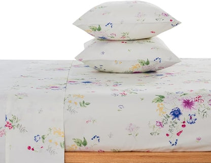 DAUAOTO 100% Cotton Bedding Printed Sheets Set for King Size Bed Up to 14" Deep Mattress, Farmhouse Pattern Bedlinen Sets, Bloom Floral