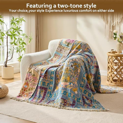 VANJOROY Boho Throw Blanket, 100% Organic Cotton Breathable Skin-Friendly Ultra Soft 50" x 60" Bed Quilt Throw - Floral Rustic Luxury Reversible Blanket for Sofa Couch Chair and Gift,
