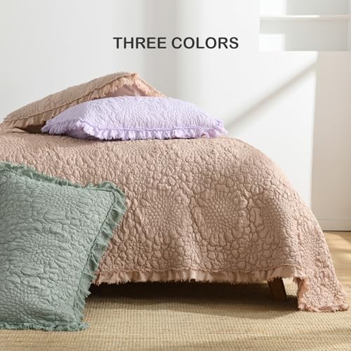 HORIMOTE HOME Pinkish Grey Ruffled Quilt King Size, Stone-Washed Lightweight Crinkled Farmhouse Rustic Shabby Chic Bedding Set, 3 Pieces Reversible Bedspread with Pillow Shams for All Season