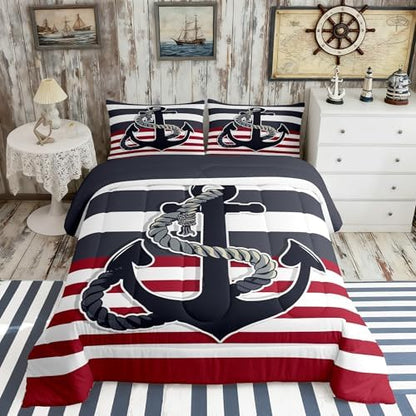 Nautical Anchor Comforter Set Full Size,Black Red Stripes Bedding Set 3pcs for Kids Teens Boys Adults Room Decor,Sea Adventure Themed Quilt Set Geometric Abstract Duvet Insert,2 Pillowcases