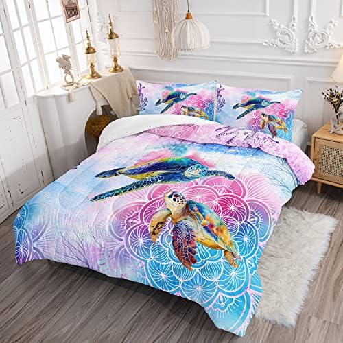 HOSIMA Sea Turtle Bedding,Coastal Beach Themed Comforter Full Size for Kids Teen Girls Boys Room Decor,Toddler Bedding Set, Mandala Turtle Comforter with 2 Pillowcases.