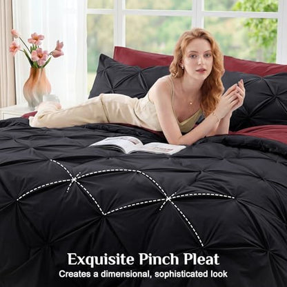 JOLLYVOGUE Full Size Comforter Sets 7 Pieces - Bed in a Bag Full for All Season, Pintuck Bedding Comforter Sets with Comforter, Flat Sheet, Fitted Sheet and Pillowcases & Shams, Black & Burgundy