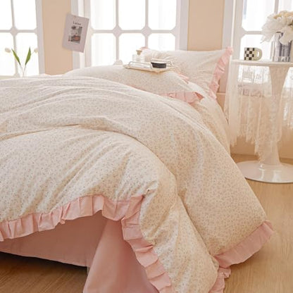 LifeTB Pink Flower Comforter Set Full Vintage Coquette Bedding Comforter Cottagecore Floral Comforter Set with Elegant Ruffles Soft Fluffy Lightweight Botanical Bedding Set for Girls Women