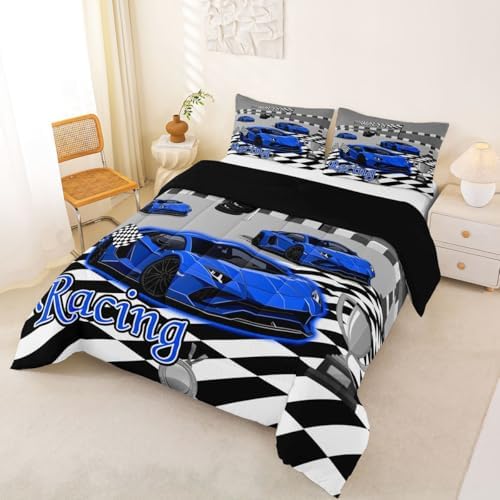 Feelyou Boys Race Car Comforter Set All Season Sports Racing Car Bedding Set with 2 Pillow Cases Extreme Sports Microfiber Kids King Bedclothes Bedroom Decor Duvet Quilt Breathable Soft Lightweight