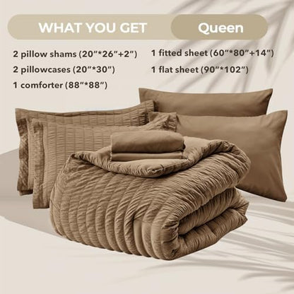 HYMOKEGE Brown Queen Comforter Set Seersucker 7 Pieces, All Season Luxury Bed in a Bag Queen for Bedroom, Bedding Set with Comforter, Sheets, Pillowcases & Shams
