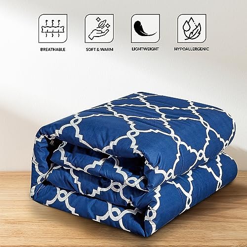 LUX Décor Reversible 5pc Queen Comforter Set, Printed Bedding Set, All-in-One Bed in a Bag, Includes 1 Comforter, 2 Pillow Shams, 1 Decorative Pillow & 1 Bed Skirt (Quatrefoil Navy,Queen)