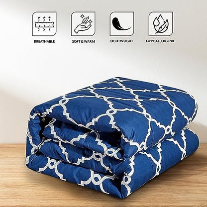 LUX Décor Reversible 5pc Queen Comforter Set, Printed Bedding Set, All-in-One Bed in a Bag, Includes 1 Comforter, 2 Pillow Shams, 1 Decorative Pillow & 1 Bed Skirt (Quatrefoil Navy,Queen)
