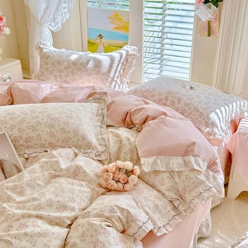 LifeTB Pink Floral Duvet Cover Set Queen, 100% Cotton Peach Flower Pattern Romantic Ruffle Comforter Cover, Vintage Cottagecore Botanical Duvet Cover, Aesthetic French Style Princess Lace Bedding Set