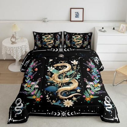 Boho Snake Comforter Set Queen Size,Watercolor Floral Leaves Bedding Set 3Pcs,Sun and Moon Quilted Duvet for Kids Girls Boys Teens Room Decor,Exotic Style Black White Down Comforter,2 Pillowcases