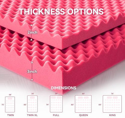 SINWEEK 3 Inch Egg Crate Memory Foam Mattress Topper Twin XL, Twin Extra Long Mattress Pads for College Dorm Room, Pressure Relieve CertiPUR-US Certified, 39x80 Inches, Pink