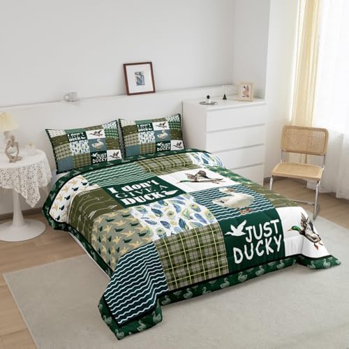 Feelyou Duck Hunting Bedding Set Retro Wild Duck Toddler Comforter Set Teen Boys Men,Wildlife Animal Mallard Duck Bed Comforter Hunting Green Plaid Quilt Duvet Insert for Hunter with 1 Pillow Cases