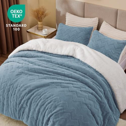 BEDELITE Fluffy Sherpa Queen Comforter Set,Blue Fog
