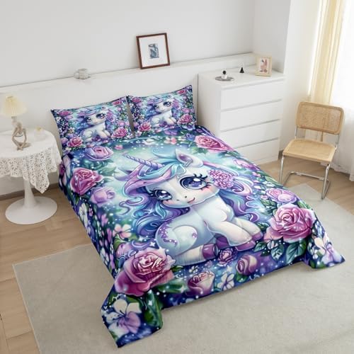 Castle Fairy Unicorn Bedding Comforter Set Twin Size Cute Cartoon Unicorn Comforter and 1 Pillowcase for Kids Girls Girly Room Decor Pink Rose Flower All Season Quilt Duvet Reversible,Colorful Purple