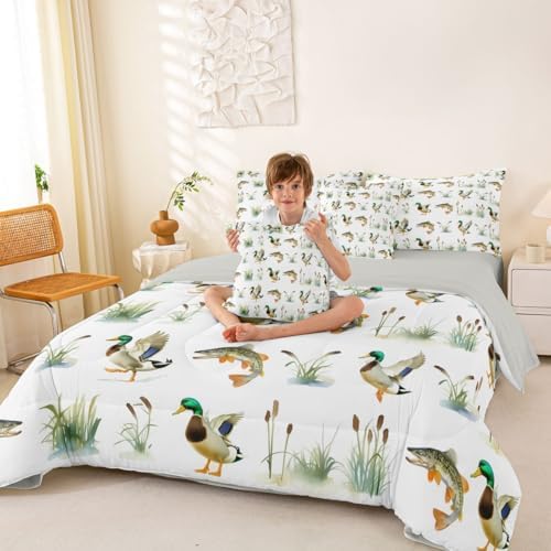 Erosebridal Mallard Duck 7 Piece Bed in A Bag Twin Comforter Set Bass Fish Hunting Bedding Set for Girls Kids Wild Duck Reed Woodland Sheet Set with Comforter Pike Fish Waterfowl Quilt Duvet