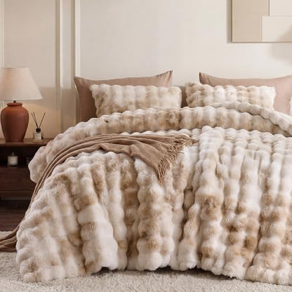 Smoofy Fluffy Faux Rabbit Fur Bubble Comforter Full Size - Tie Dye Beige