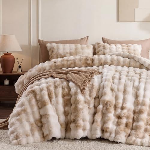 Smoofy Fluffy Faux Rabbit Fur Bubble Comforter King Size - Tie Dye Beige