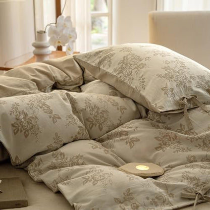 VM VOUGEMARKET Garden Floral Duvet Cover Queen,3 Pcs Yarn-Dyed Jacquard Textured Duvet Cover with Bowknot Retro Monet Style Fall Bedding Set-90"x90",Khaki