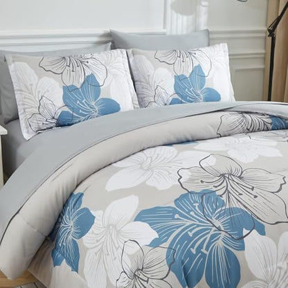 Luxudecor Floral Comforter Set Full Size, Blue Floral Comforter and Sheet Set, 7 Pieces Bed in a Bag Soft Microfiber Complete Bedding Sets for All Seasons 80"×90"