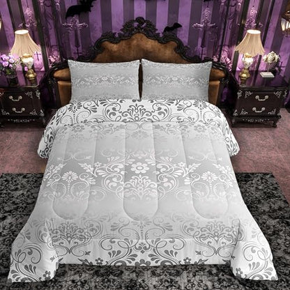 Feelyou Silver Gothic Damask Floral Comforter Set Full Size Bedding Set