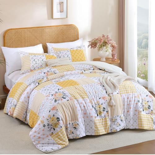 YIKUSH Yellow Floral Queen Comforter Set, Soft Lightweight All Season Bedding Set for Women Girls, Cozy Cottagecore Botanical Comforter Queen Size with 2 Pillow Shams, Breathable Floral Bed Set