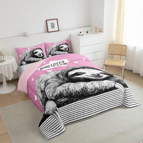 Homewish Teens Sloth Pattern Comforter Set Queen Size,Striped Heart Bedding Set for Kids Boys Girls Bedroom Decoration,Pink and Black Bed Duvet Insert,Cute Sloth Comforter with 2 Pillowcases