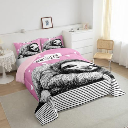 Homewish Teens Sloth Pattern Comforter Set Queen Size,Striped Heart Bedding Set for Kids Boys Girls Bedroom Decoration,Pink and Black Bed Duvet Insert,Cute Sloth Comforter with 2 Pillowcases