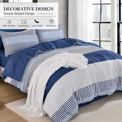 Cottolester Navy Blue Comforter Set Queen Size,Boho Striped Comforters for Boys&Girls,7 Pieces Bed in A Bag Simple Neutral-Style Bedding Sets for Kids Teen