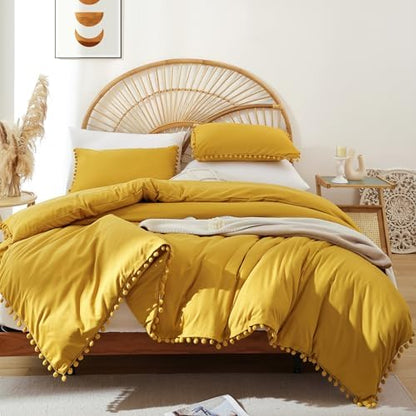 YIRDDEO Twin Comforter Set, Mustard Yellow Ball Pom Fringe Bedding 2 Pcs