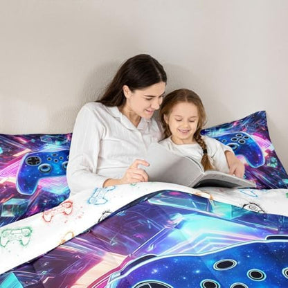 Erosebridal Galaxy Gaming Comforter Set 3D Cube Gamer Girl Toddler Bedding Set | Diamond Neon Lights Comforter Modern Game Consoles Quilt