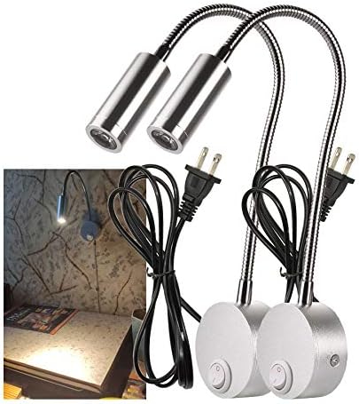2-Pack Sleek Silver Bed Reading Light Wall Mount Lamp, 25° Focused Beam 3000K Warm White Adjust Neck Lamp, Polished Finish & Sand Silver Base, 4.92ft Plug-in, AC 85-265V