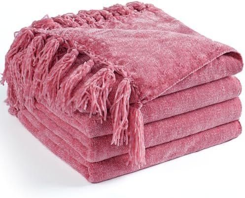 Chenille Throw Blanket for Couch 60" x 80" Twin, Rose Pink