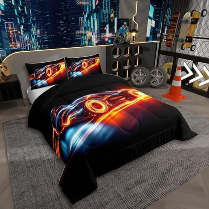 Erosebridal Boys Race Car King Bedding Set Kids Racing Car Comforter Extreme Sports Bed Set for Teens Cool Car Room Decor Car Sports Quilt Set 1 Comforter Set with 2 Pillowcases,Black Blue Orange