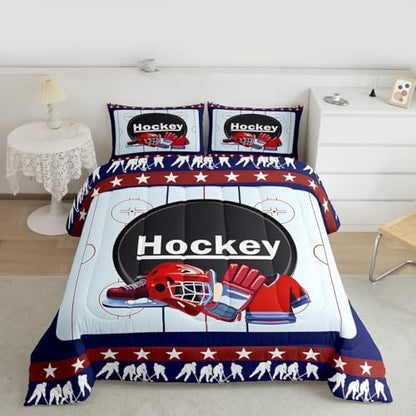 Homewish Ice Hockey Comforter Set,Hockey Equipment Bedding Set for Kids Girls Women,Adults Winter Sports Comforter,Navy and Red Quilted Duvet Set Bedroom Collection Twin Size 2Pcs