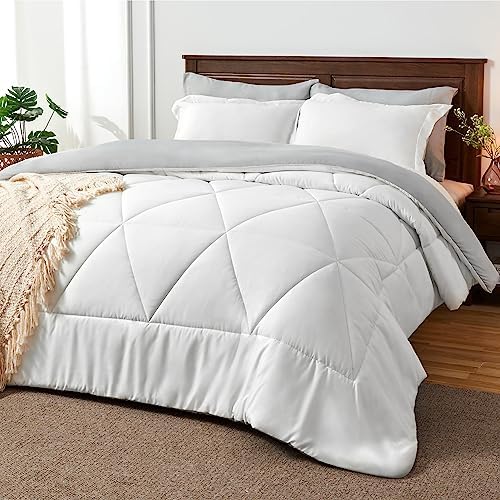 BEDELITE Cal King Comforter Set 7 Pieces, Reversible White Bed in A Bag