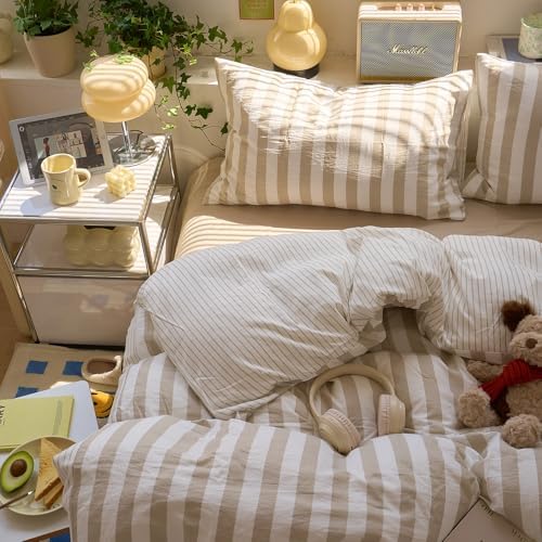VM VOUGEMARKET Kids Teens Twin Duvet Cover Set Khaki Striped Bedding Set Khaki White Stripes Duvet Cover with 2 Pillowcases Soft Lightweight Microfiber Farmhouse Comforter Cover-68 x86