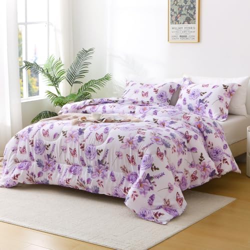 Mooreeke Purple King Size Comforter Sets, Purple Flower and Butterfly Printed Bedding for All Seasons, 3-Piece Vintage Bed in a Bag with Fluffy Quilted Reversible Comforter & 2 Pillow Shams
