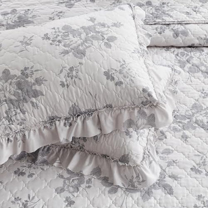 HORIMOTE HOME Greyish Blue Ruffled Quilt Twin Size with 1 Pillow Sham, Shabby Chic Reversible Floral Bedspread Coverlet, Soft Lightweight Comforter Bed Cover for All Season, 2 Pieces, 68x86 inches