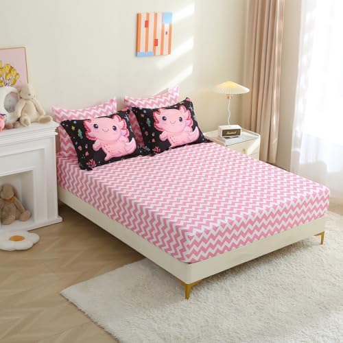 7 Piece Girls Axolotl Comforter Set for Kids Twin Size Kawaii Axolotl Bedding for Teen 3D Animals Colorful Bed Set Black