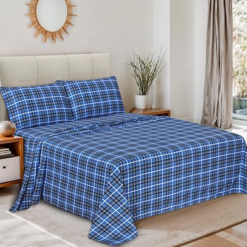RUVANTI Flannel Sheets Set California King Size, Blue Plaid