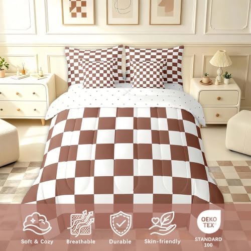 Feelyou Checkered 7 Piece Bedding Set Teen Coffee Brown White Plaid Comforter Set with Sheets Full Size Kids Boys Cute Retro Neutral Checkerboard Geometric Bed in a Bag Vintage Aesthetic Room Decor