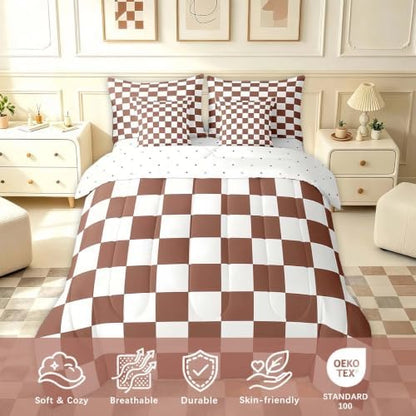 Feelyou Checkered 7 Piece Bedding Set Teen Coffee Brown White Plaid Comforter Set with Sheets Full Size Kids Boys Cute Retro Neutral Checkerboard Geometric Bed in a Bag Vintage Aesthetic Room Decor